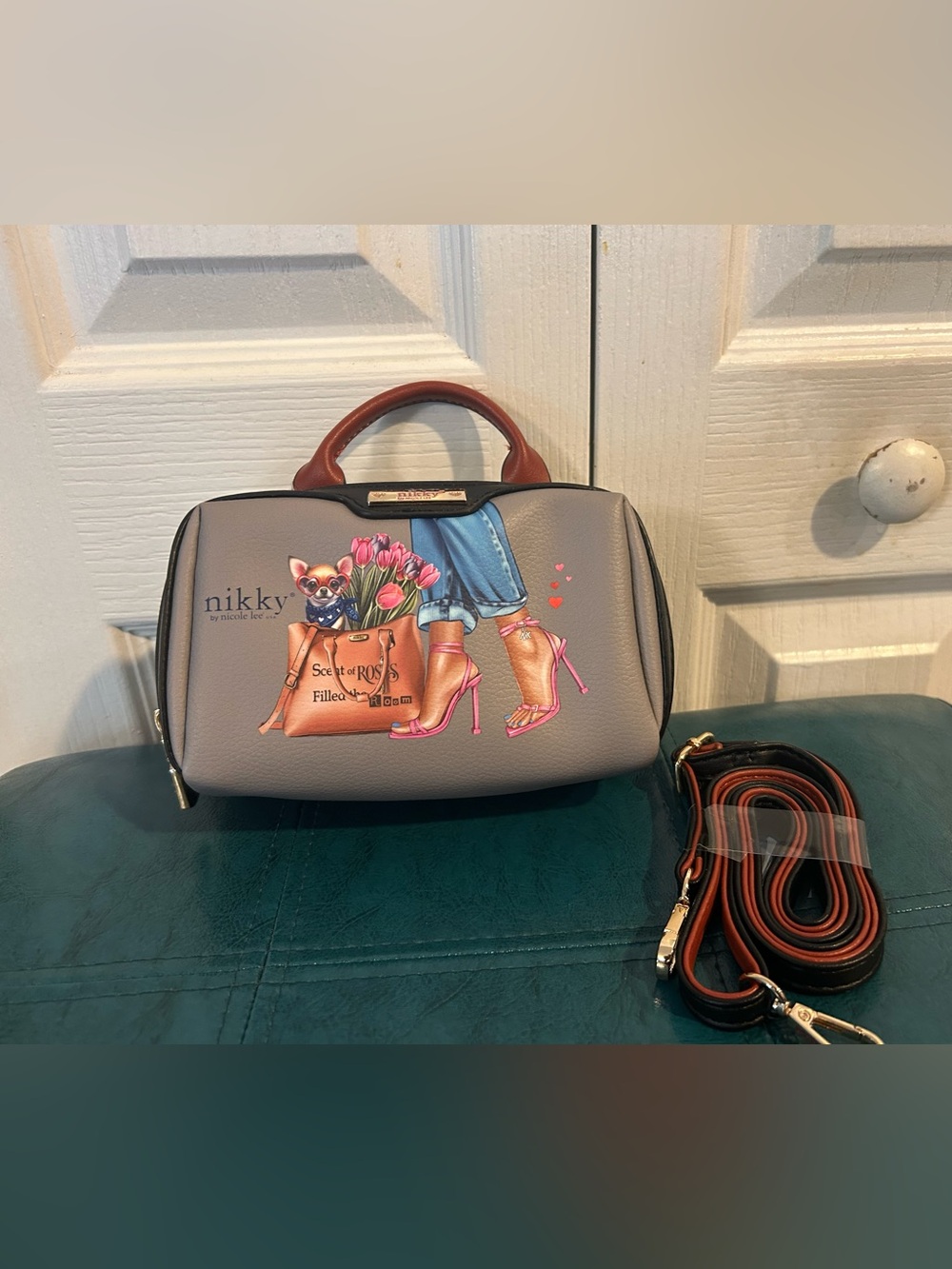 Nicole Lee Gray Crossbody Satchel with Pink Heel Artwork